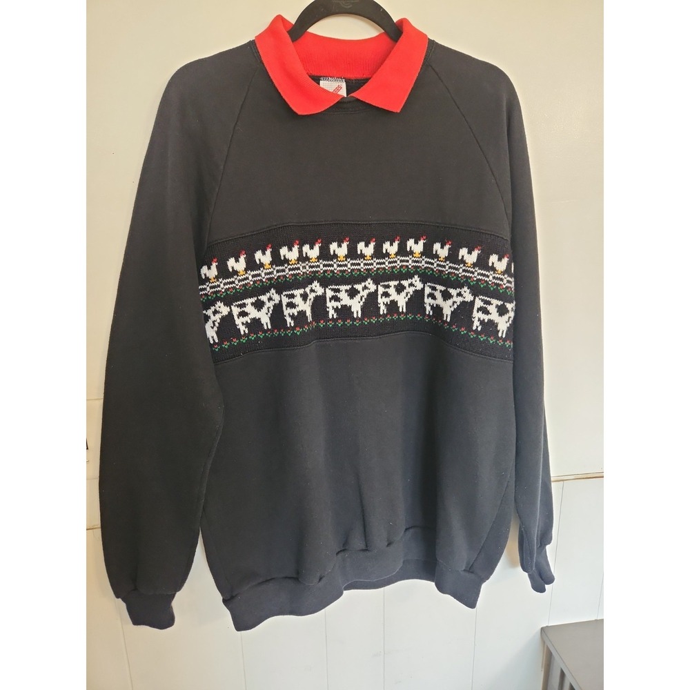 Vintage 90s Jerzees Farm Animal Cow Rooster Sweatshirt Polo XXXL USA Country